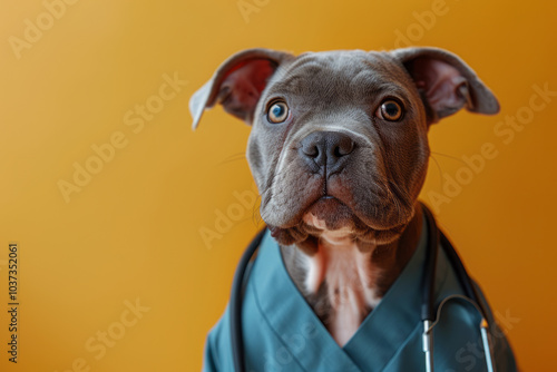 Dog and stethoscope isolated on black background. Little dog on reception at veterinary doctor. Generative AI