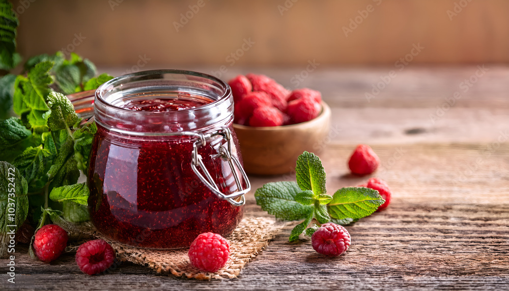 A delightful display of homemade raspberry jam in a glass jar, surrounded by fresh raspberries and mint leaves on a rustic wooden table. Perfect for food and culinary projects. A delightful display of homemade raspberry jam in a glass jar, surrounded by fresh raspberries and mint leaves on a rustic wooden table. Perfect for food and culinary projects.