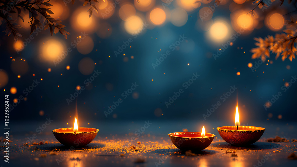 Three traditional Indian diyas, or oil lamps, are lit and placed on a dark surface with a blue background. Blurry yellow lights and sparkling dust surround them. Three traditional Indian diyas, or oil lamps, are lit and placed on a dark surface with a blue background. Blurry yellow lights and sparkling dust surround them.