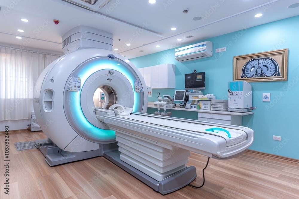 Modern MRI machine in a bright medical room, ready for patient diagnostics in a healthcare facility Modern MRI machine in a bright medical room, ready for patient diagnostics in a healthcare facility
