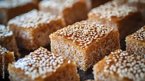 Delicious Chinese Handmade Flapjacks with Sesame Seeds on Top of a Fluffy Cake, Capturing Rich Flavors and Artisan Techniques