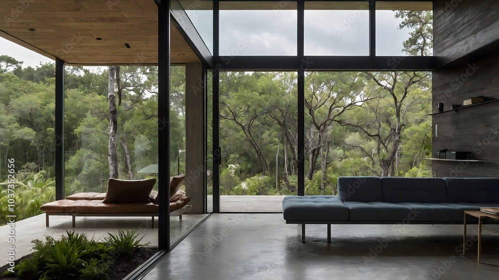 AI-Generated Image of a Japandi-Style Modern Minimalist Living Room with Large Floor-to-Ceiling Windows AI-Generated Image of a Japandi-Style Modern Minimalist Living Room with Large Floor-to-Ceiling Windows