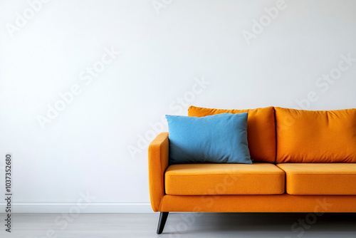 Japandi, minimalist interior design of modern living room. with orange sofa and blue pillow against mock up empty white wall with copy space