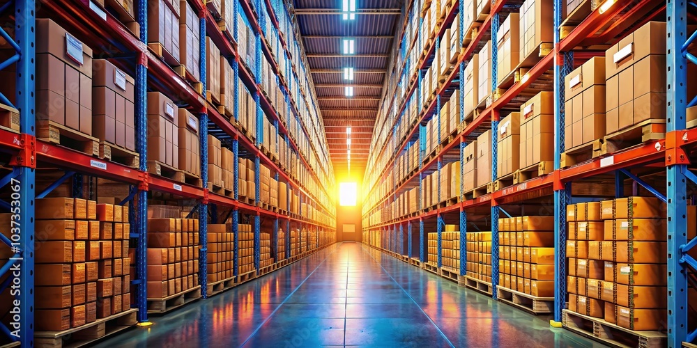 Fototapeta premium Passage Between Storage Racks with Packages in a Warehouse Setting for Industrial and Logistics Photography
