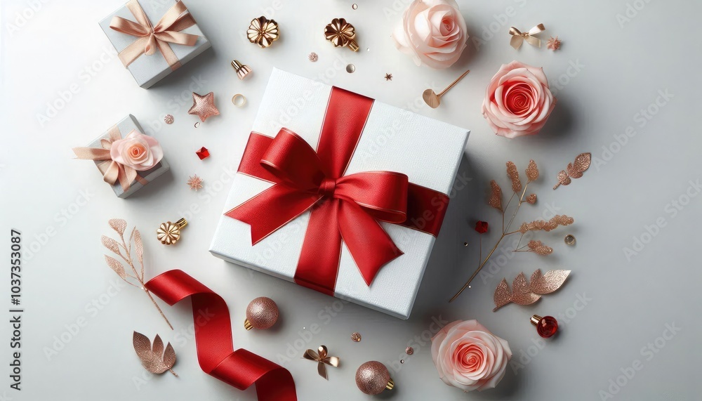 Minimalist top-down view of a white gift box, adorned with a smooth, silky red ribbon tied into a perfect bow, set against a clean white background Minimalist top-down view of a white gift box, adorned with a smooth, silky red ribbon tied into a perfect bow, set against a clean white background