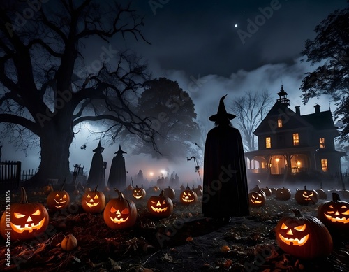 halloween scene. This Halloween photo captures a dark, eerie night scene.  photo