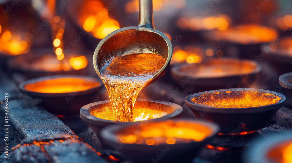 Molten metal being poured into a row of molds. Molten metal being poured into a row of molds.