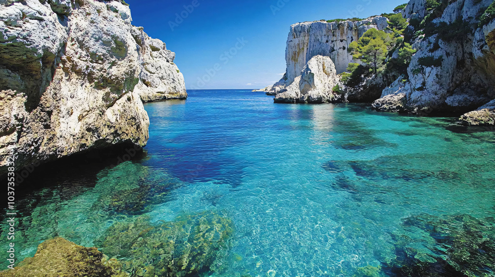 A picturesque cove with crystal-clear waters and rocky cliffs, perfect for a relaxing getaway. A picturesque cove with crystal-clear waters and rocky cliffs, perfect for a relaxing getaway.