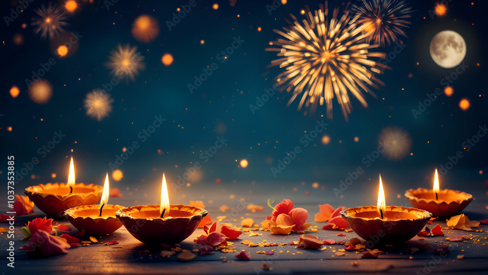 Lit diya candles with golden flames are arranged on a wooden surface with scattered rose petals. A bright full moon and a sparkling fireworks display shine in the night sky. Lit diya candles with golden flames are arranged on a wooden surface with scattered rose petals. A bright full moon and a sparkling fireworks display shine in the night sky.