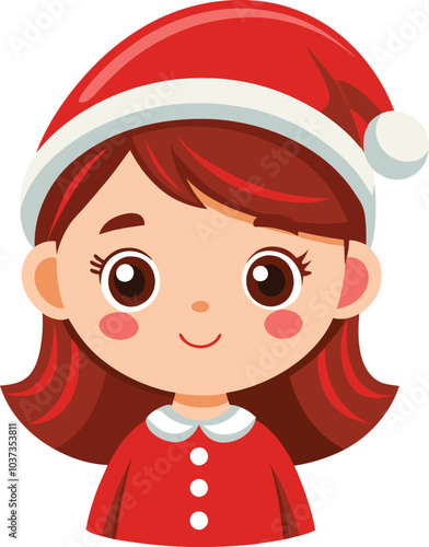 Christmas Cheer: A cheerful little girl in a Santa hat and red dress, with big brown eyes and a rosy cheeks, embodies the festive spirit of Christmas.  