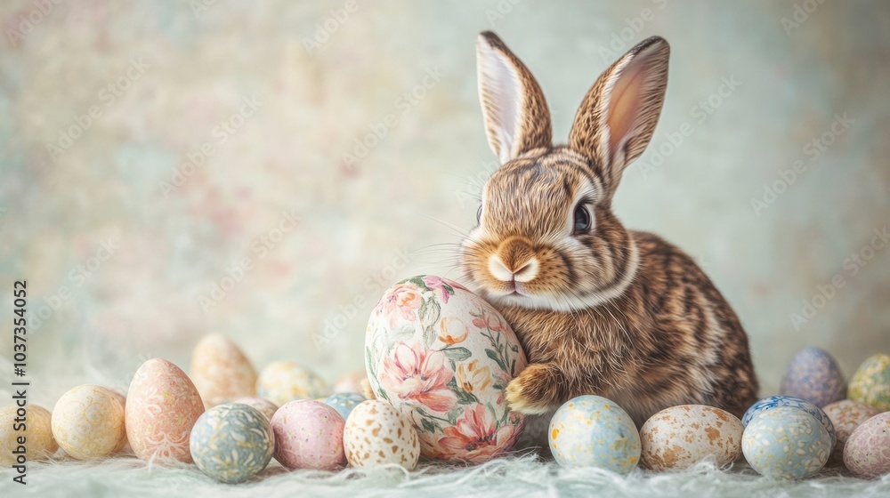 Picture with easter bunny. Playful Bunny with Colorful Easter Egg Decor Picture with easter bunny. Playful Bunny with Colorful Easter Egg Decor