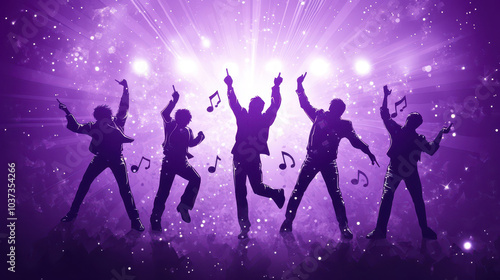 Vibrant Vector Illustration of a Boy Band: Dynamic Silhouettes, Purple and Silver Color Scheme, Musical Notes, and Spotlight Beams in a Minimalist Composition.