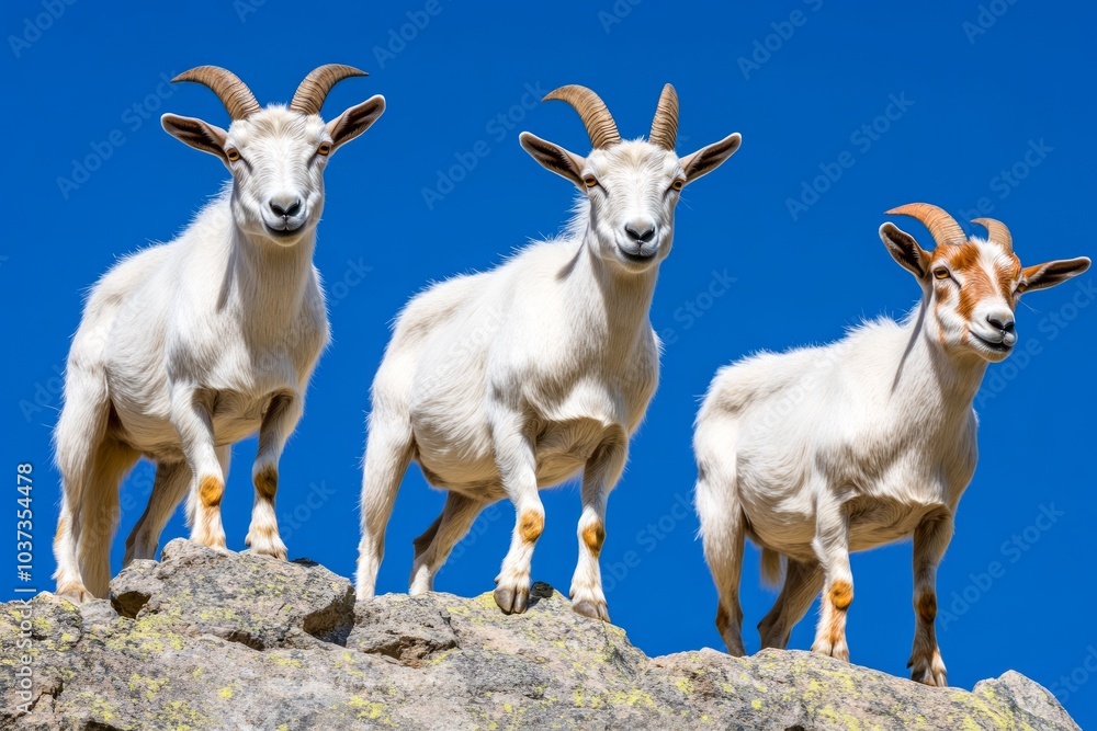Three goats standing on a rocky ledge against a clear blue sky. Three goats standing on a rocky ledge against a clear blue sky.
