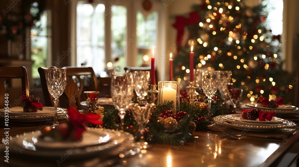 Christmas Dinner Table Decorated with Candles, Pine, and Red Accents Christmas Dinner Table Decorated with Candles, Pine, and Red Accents