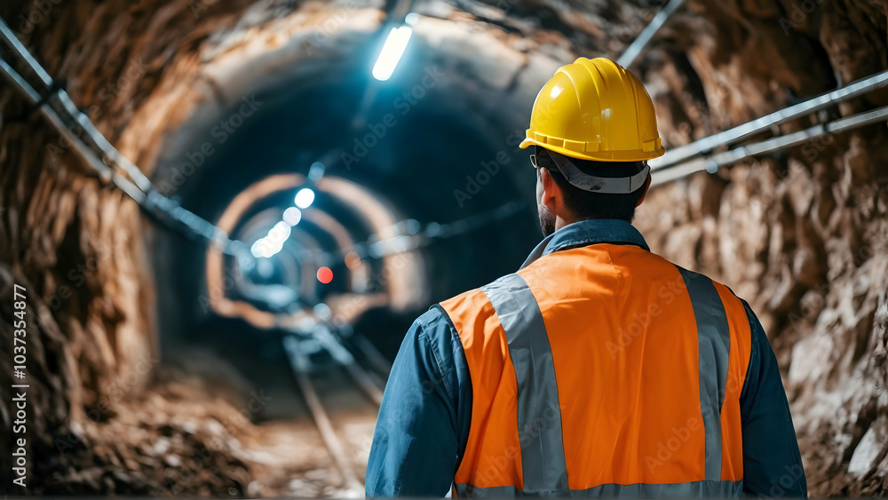 Civil engineer wearing hardhat and safety vest inspecting underground tunnel construction site Civil engineer wearing hardhat and safety vest inspecting underground tunnel construction site