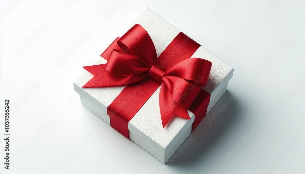 Minimalist top-down view of a white gift box, adorned with a smooth, silky red ribbon tied into a perfect bow, set against a clean white background Minimalist top-down view of a white gift box, adorned with a smooth, silky red ribbon tied into a perfect bow, set against a clean white background
