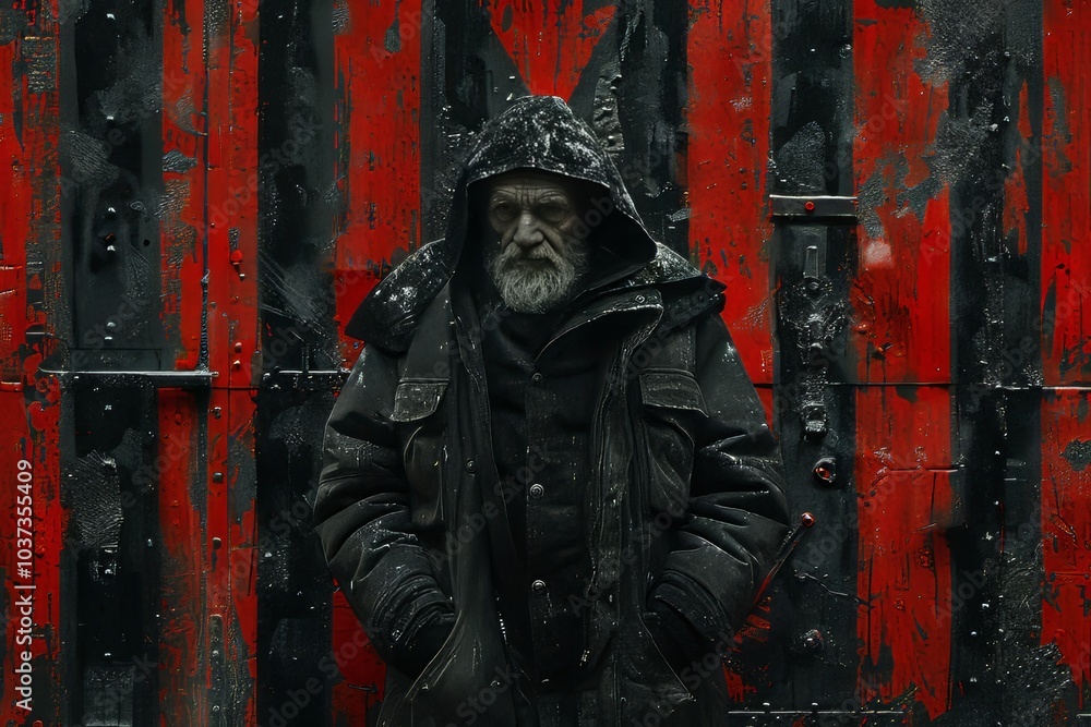 A weathered man stands against a vibrant red wall, dressed in warm layers, evoking a sense of resilience in the chilling environment A weathered man stands against a vibrant red wall, dressed in warm layers, evoking a sense of resilience in the chilling environment