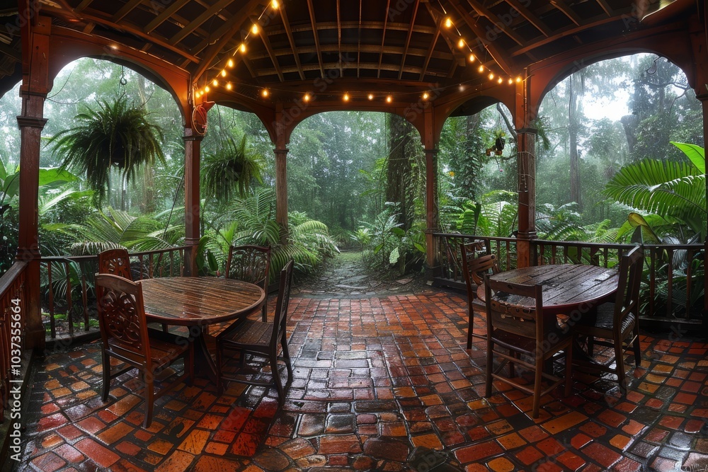 Fototapeta premium A cozy gazebo surrounded by lush rainforest during a soothing rain shower in a tropical paradise