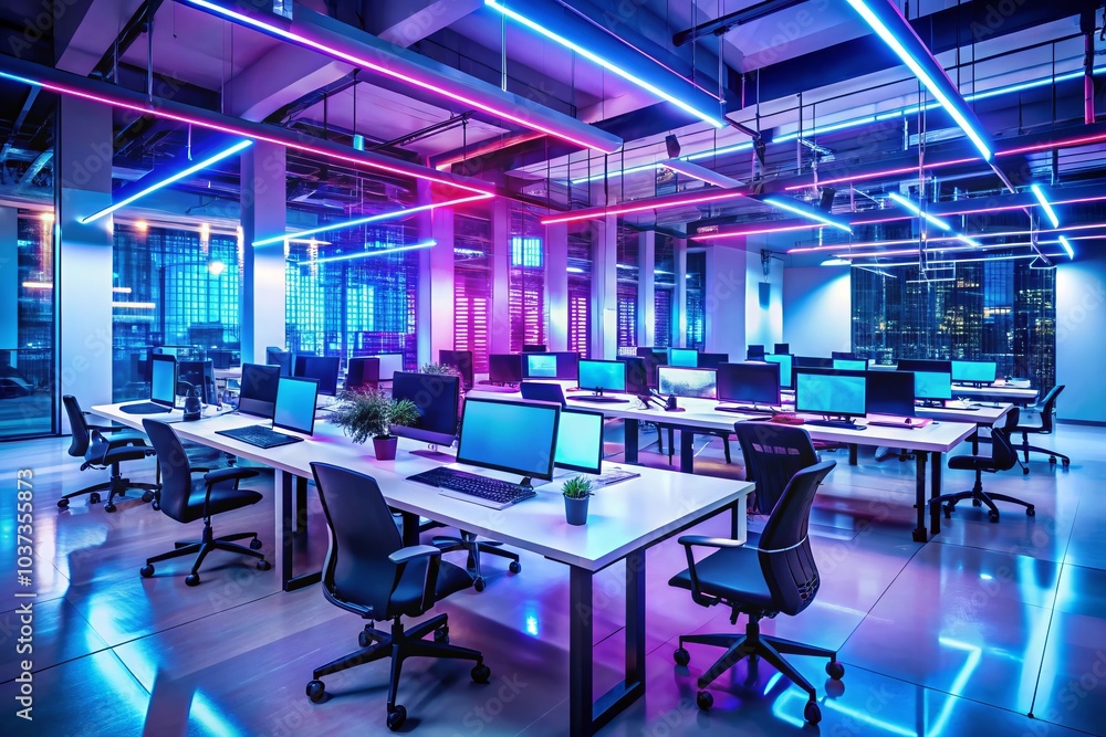 Modern neon cyberpunk open space office interior blurred with information technology overlay Corpora Modern neon cyberpunk open space office interior blurred with information technology overlay Corpora