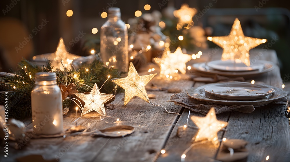 Rustic Christmas Table Setting with Star-Shaped Lights and Twinkling Lights Rustic Christmas Table Setting with Star-Shaped Lights and Twinkling Lights