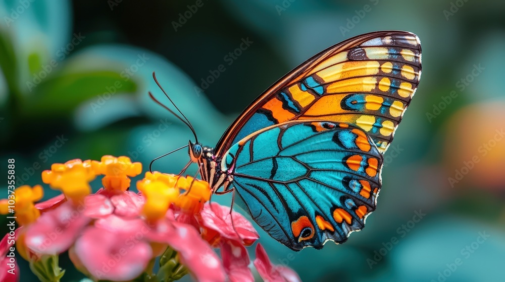 Fototapeta premium Colorful Butterfly on Flower Macro Photography Nature Insect Wings Garden Wildlife