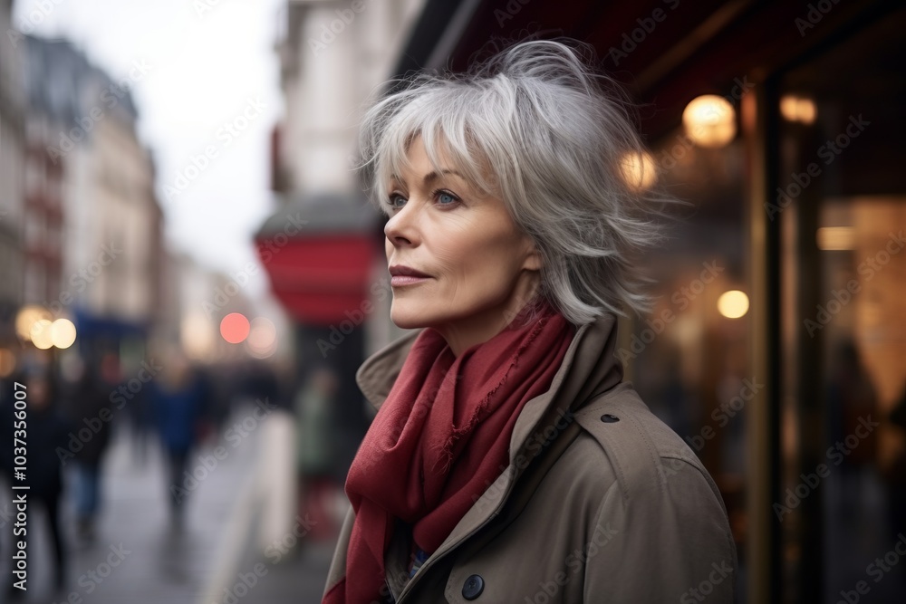 Portrait of beautiful middle aged woman with short grey hair in coat and red scarf on the street. Portrait of beautiful middle aged woman with short grey hair in coat and red scarf on the street.