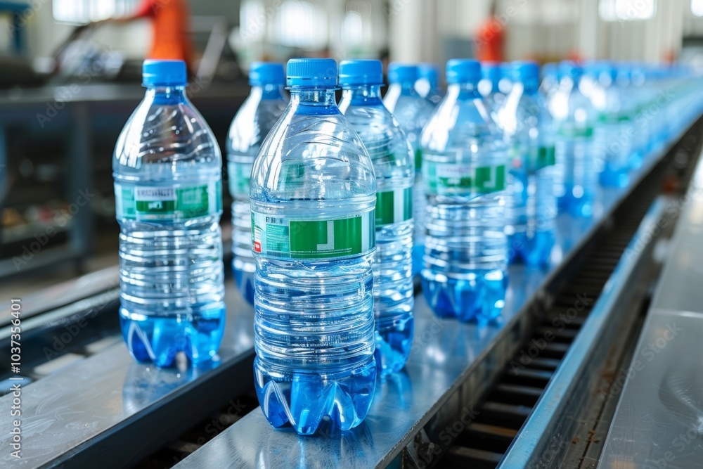 Bottled water production line in a factory during the daytime showing rows of bottles on a conveyor belt Bottled water production line in a factory during the daytime showing rows of bottles on a conveyor belt