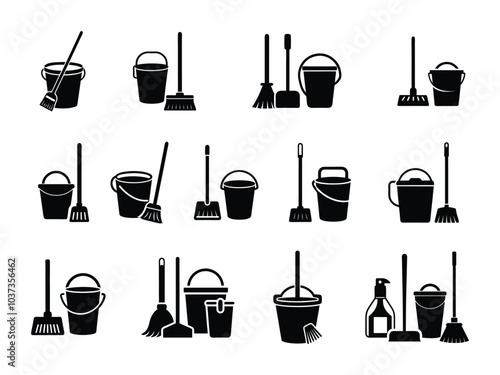 Cleaning mop and bucket silhouette vector.