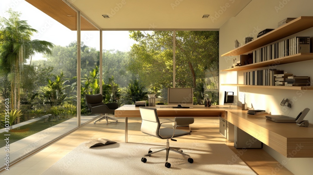 Fototapeta premium Modern Office Interior with Natural Light and Greenery
