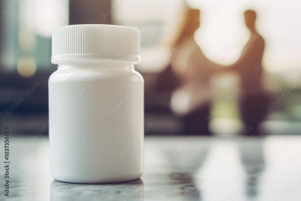 White pill bottle sitting on a table with people in the background - People White pill bottle sitting on a table with people in the background - People