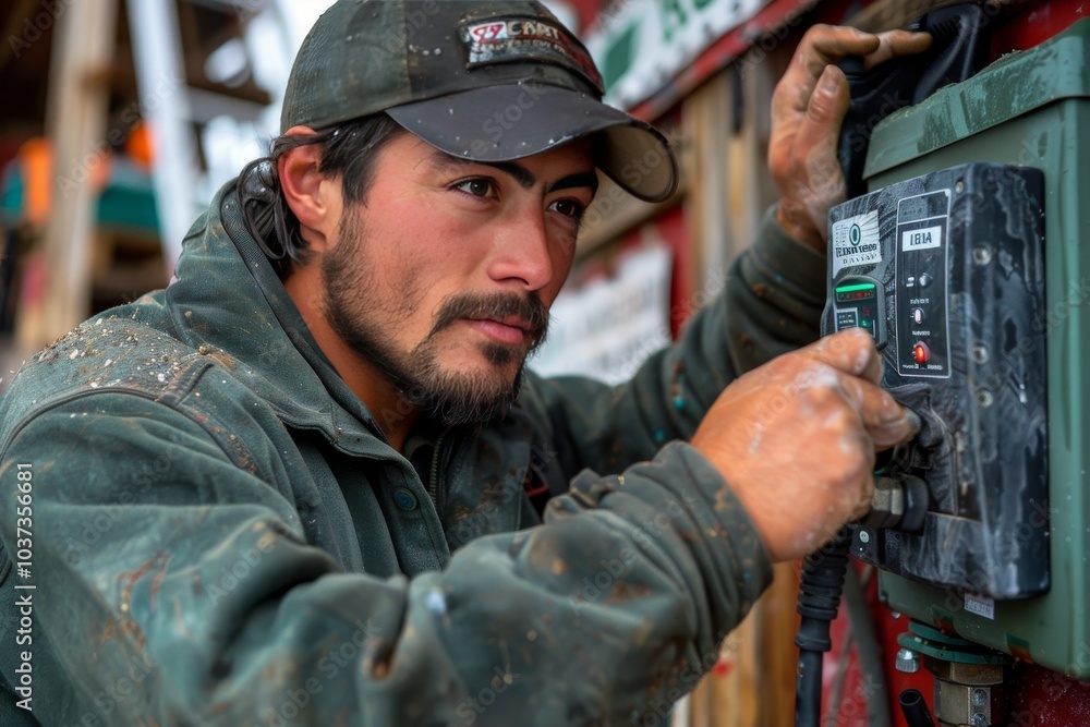A worker operates machinery at a construction site during the day, focusing intently on the task to ensure efficiency and safety A worker operates machinery at a construction site during the day, focusing intently on the task to ensure efficiency and safety