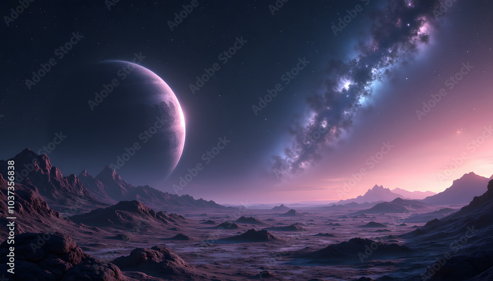Extraterrestrial landscape with a large planet and colorful galaxy Extraterrestrial landscape with a large planet and colorful galaxy