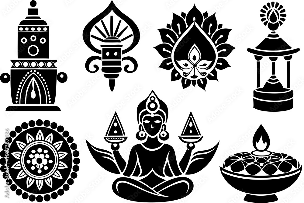 Naklejka premium Diwali festival vector set with Hindu religious symbols and art