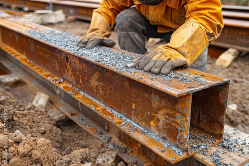 Worker preparing steel beams for construction at a building site during daylight hours in an industrial setting