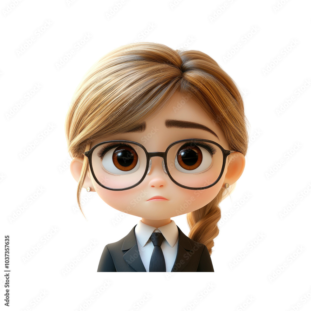 Cute Cartoon Girl With Glasses and a Suit, Sad Expression Cute Cartoon Girl With Glasses and a Suit, Sad Expression