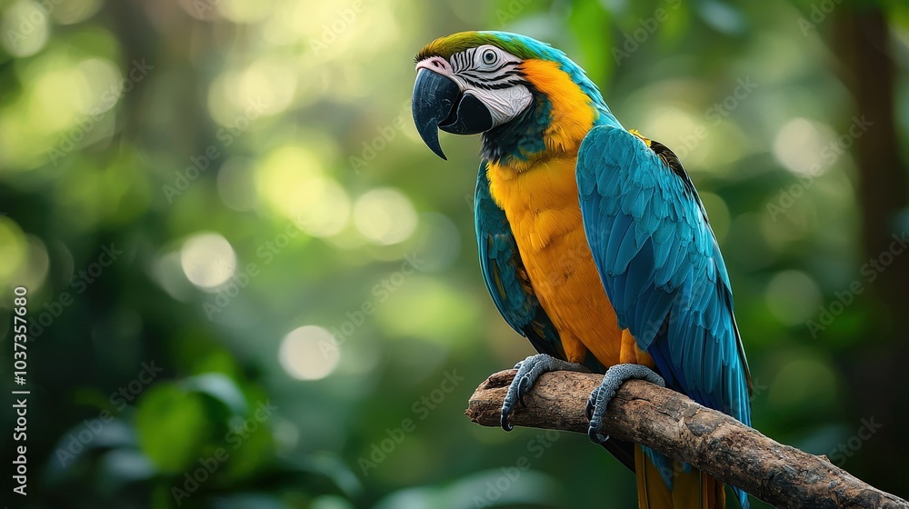 Vibrant Blue and Yellow Macaw Perched on a Branch in Tropical Rainforest Vibrant Blue and Yellow Macaw Perched on a Branch in Tropical Rainforest