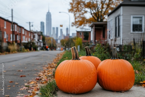 Three pumpkins on a sidewalk with a city skyline in the background. photo