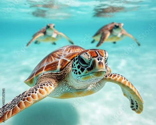 Three sea turtles swimming gracefully underwater in a clear blue ocean. photo