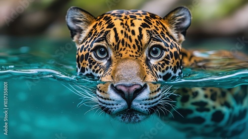 Jaguar Emerging from Turquoise Water Wildlife Photography photo