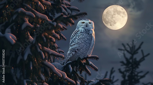 A snowy owl perched atop a pine tree the night lighted by the full moon