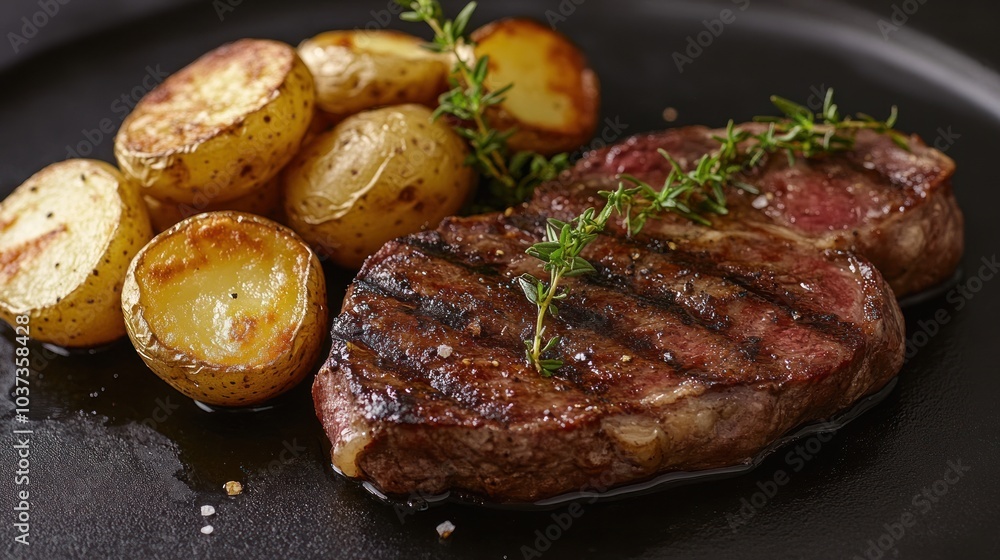 Close up of a juicy, grilled steak served with roasted potato slices Close up of a juicy, grilled steak served with roasted potato slices