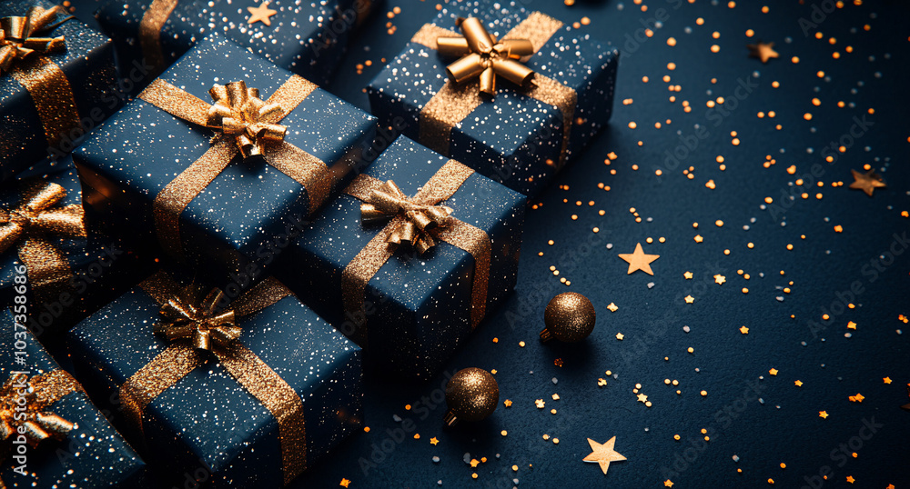 Christmas dark blue festive background with gift boxes, stars, and elegant decorations. Suitable for holiday and celebration concepts. Christmas dark blue festive background with gift boxes, stars, and elegant decorations. Suitable for holiday and celebration concepts.