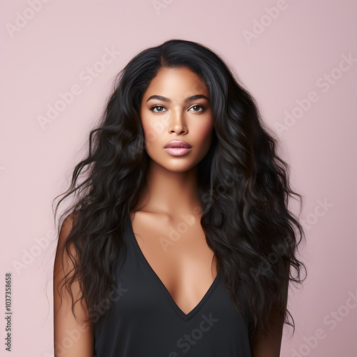 africanamerican beautiful women with extra long curly silky hair with neutral studio bacground 