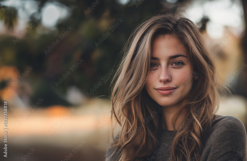 Obraz premium A young woman with long hair smiles outdoors, surrounded by greenery and a natural, lush background.