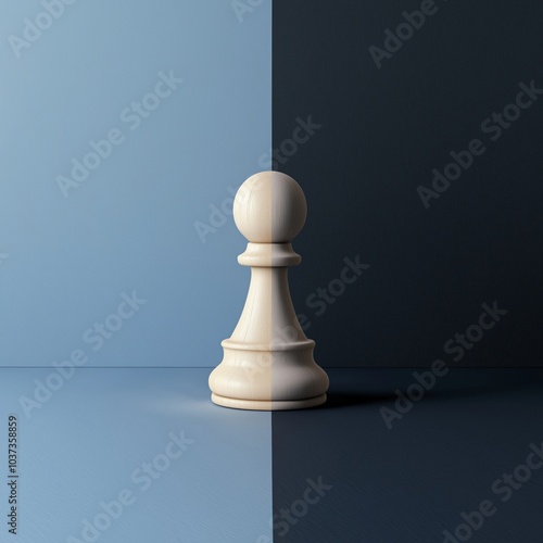 A wooden chess pawn stands in split lighting, creating a striking dual tone effect of shadows and light. photo