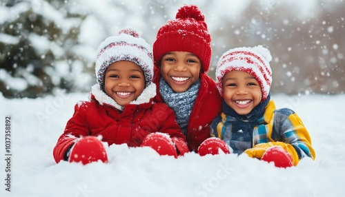 Three smiling children enjoying a snowy day, wearing colorful winter clothing.