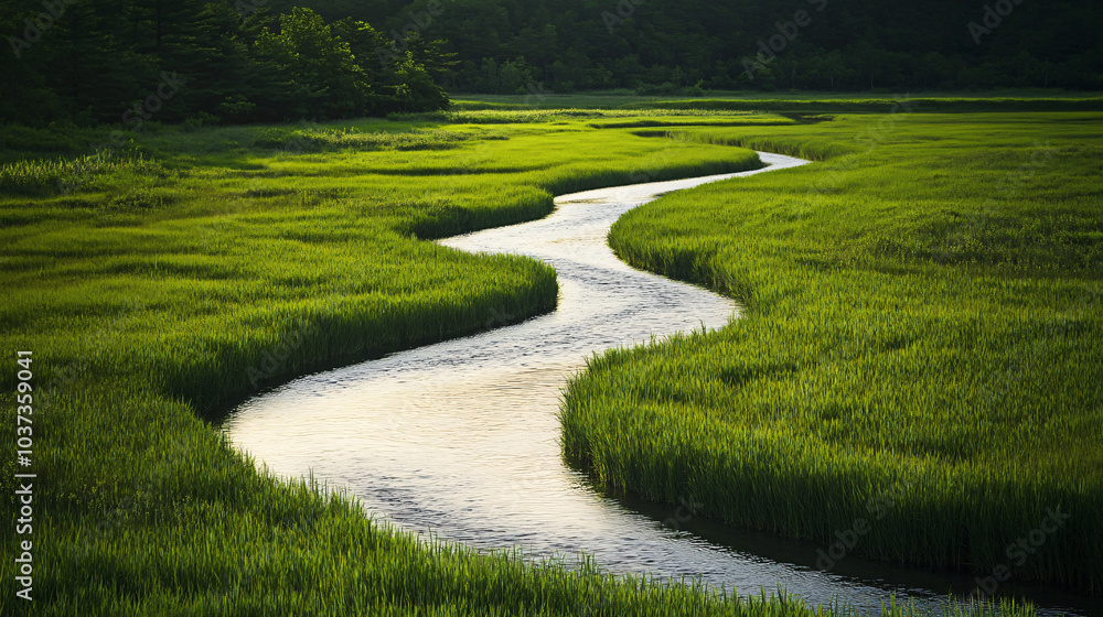 A peaceful river winding through a vibrant green meadow, inviting for a relaxing day out. A peaceful river winding through a vibrant green meadow, inviting for a relaxing day out.
