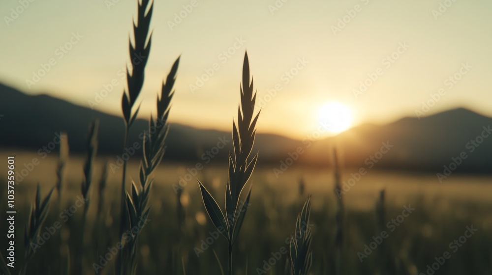 Silhouettes of grass blades against a backdrop of mountains and a setting sun. Silhouettes of grass blades against a backdrop of mountains and a setting sun.
