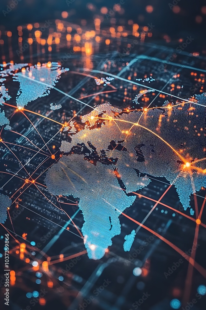 Fototapeta premium A digital world map with glowing connections, representing global data flow and technology.