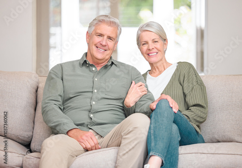 Portrait, mature couple and happy on sofa in living room at home for bonding, support and care in Germany. People, relationship and smile with confidence on couch for retirement, rest and relax